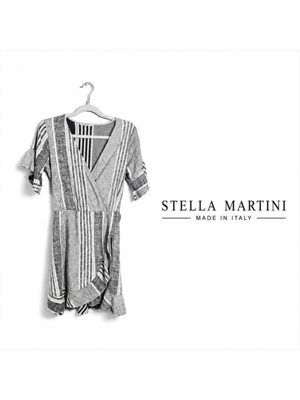 STELLA MARTINI Made in Italy 100% Linen Striped Wrap Dress XS